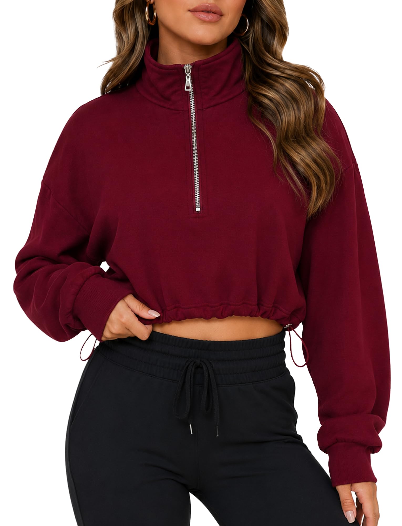 FEOYA Damska bluza Cropped Half Zip Oversize, stójka, sweter