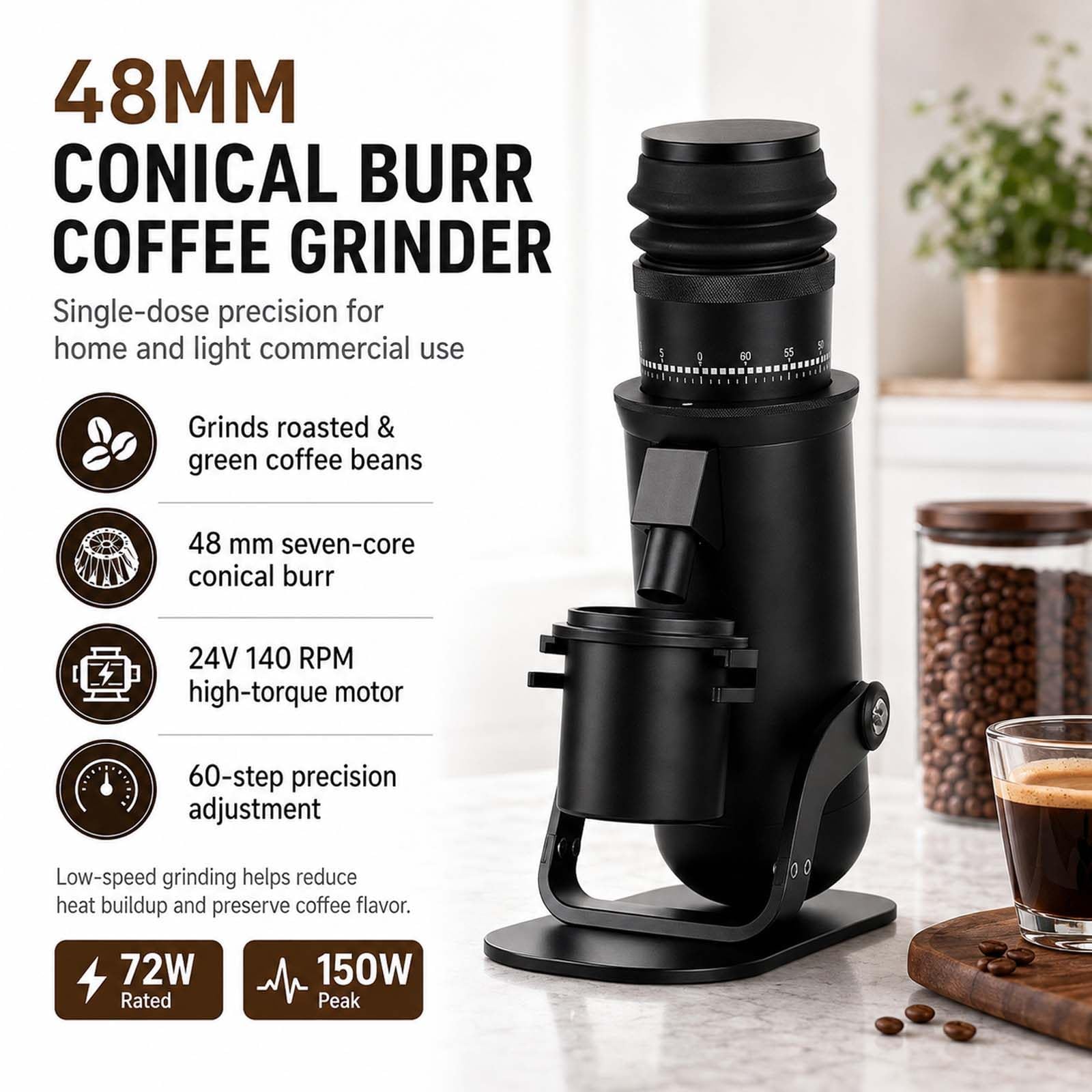 Molinillo De Café Monodosis, Muelas De 7 Estrellas De 48 MM | Ajuste fino continuo para una crema abundante, fácil de limpiar y desmontar; ideal para el ritual matutino del café en casa.