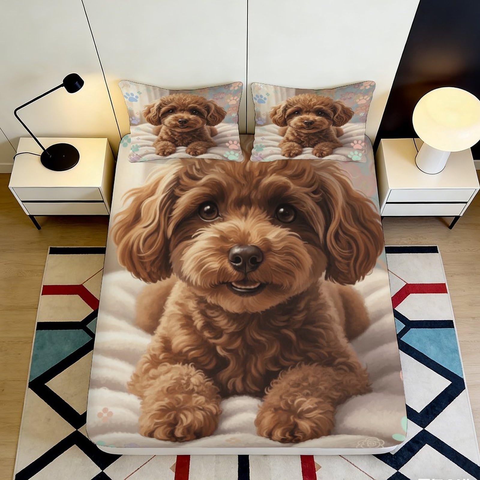 3D Printed Brown Poodle Dog Fitted Sheet Microfiber Soft Bed Cover for Bedroom Guest Room Mattress Protection Decor 160x200x25cm