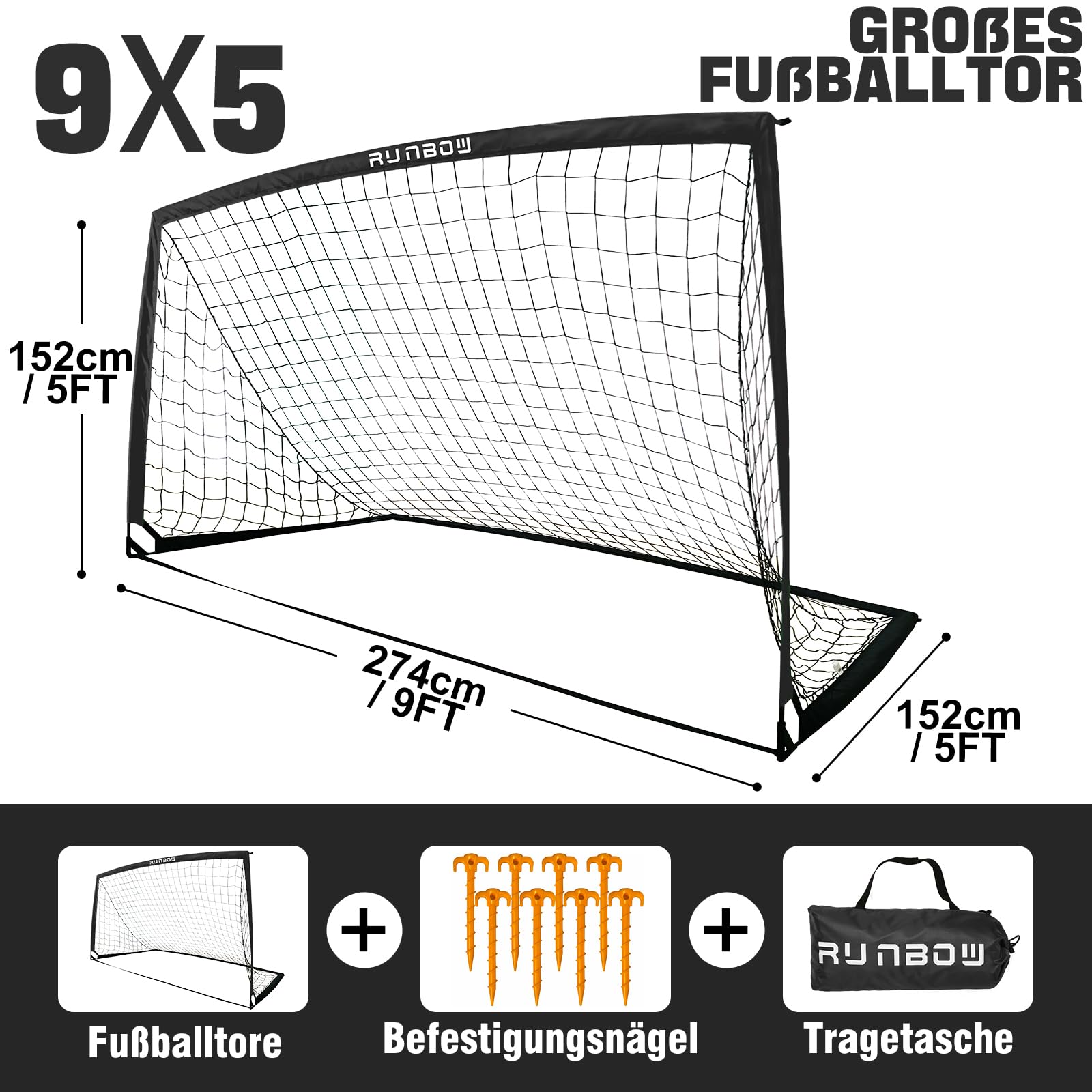274 x 152 cm Kinder Fußballtor mit Tragesack, tragbare Fußballnetze für Hinterhoftraining, Indoor/Outdoor-Nutzung für Jugendliche und Erwachsene