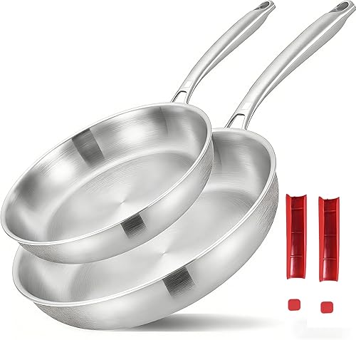 Inqibee Juego de 2 sartenes de acero inoxidable de tres capas de 8.5 a 12 pulgadas, sartenes, sartenes de inducción, ollas y sartenes, resistente y