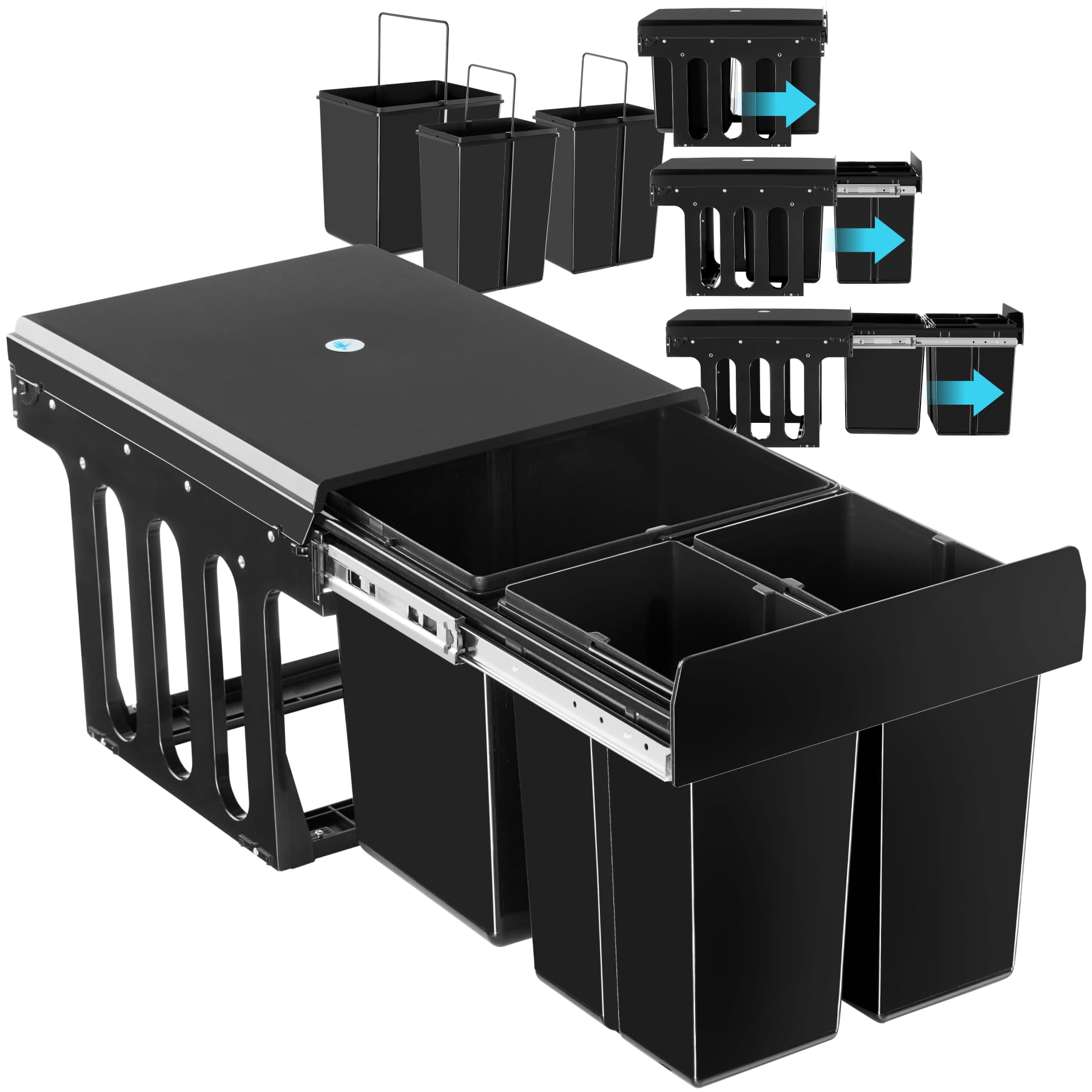 tectake® Kitchen Bin with 3 Compartments for Easy Waste Separation, Compact & Robust Kitchen Bins with Carrying Handles & Telescopic Rails for full Extension, 31L Capacity, Easy Setup - 2 x 8L + 15L