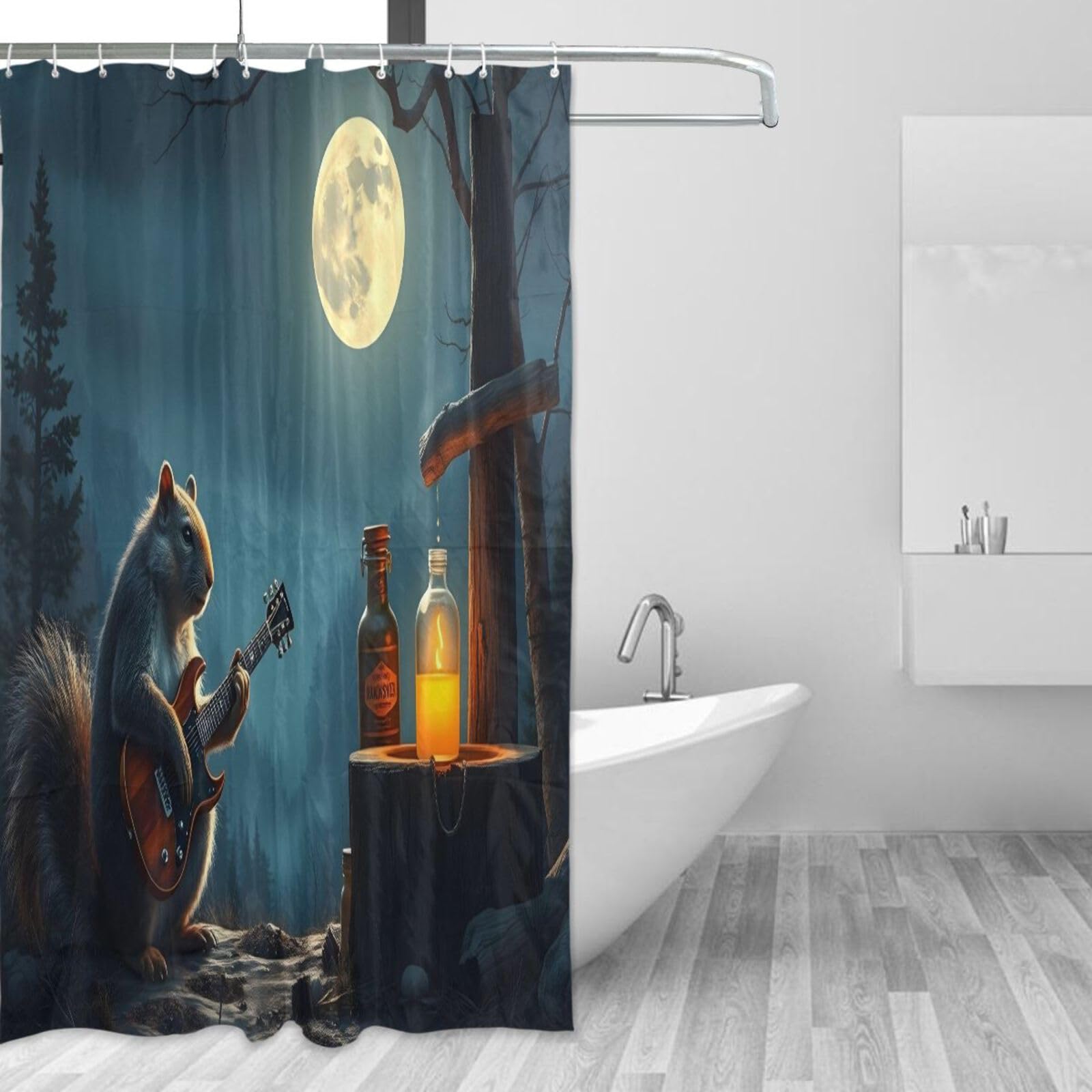DUOBU Squirrel Playing Guitar Shower Curtain Washable Waterproof Fabric Bath Curtain 60x72Inch Shower Curtains with Hooks for Bathroom Decor