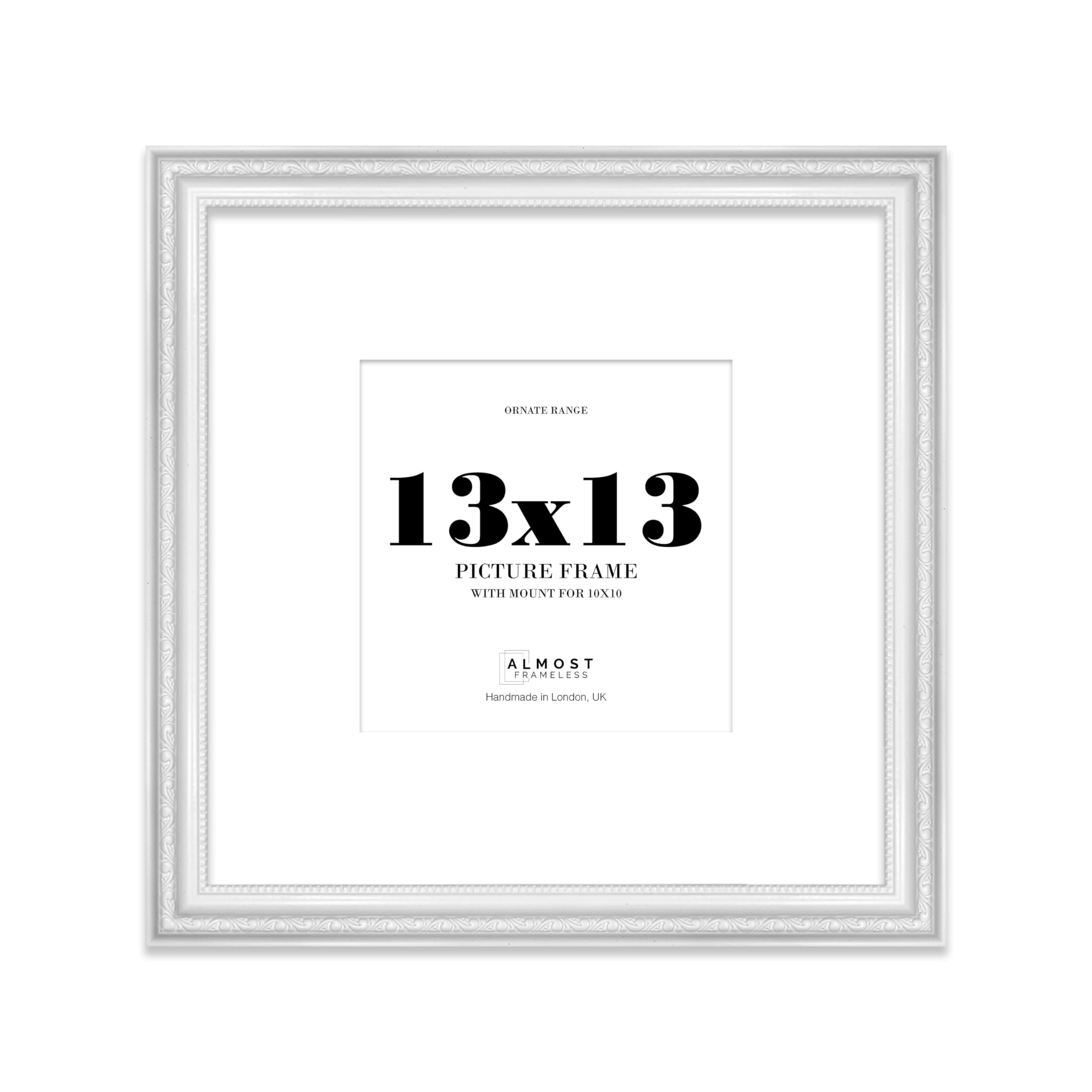 13x13 White Ornate Photo Frame With White Mat For 10x10 Picture, Ready to Hang or Stand, 1 Pack
