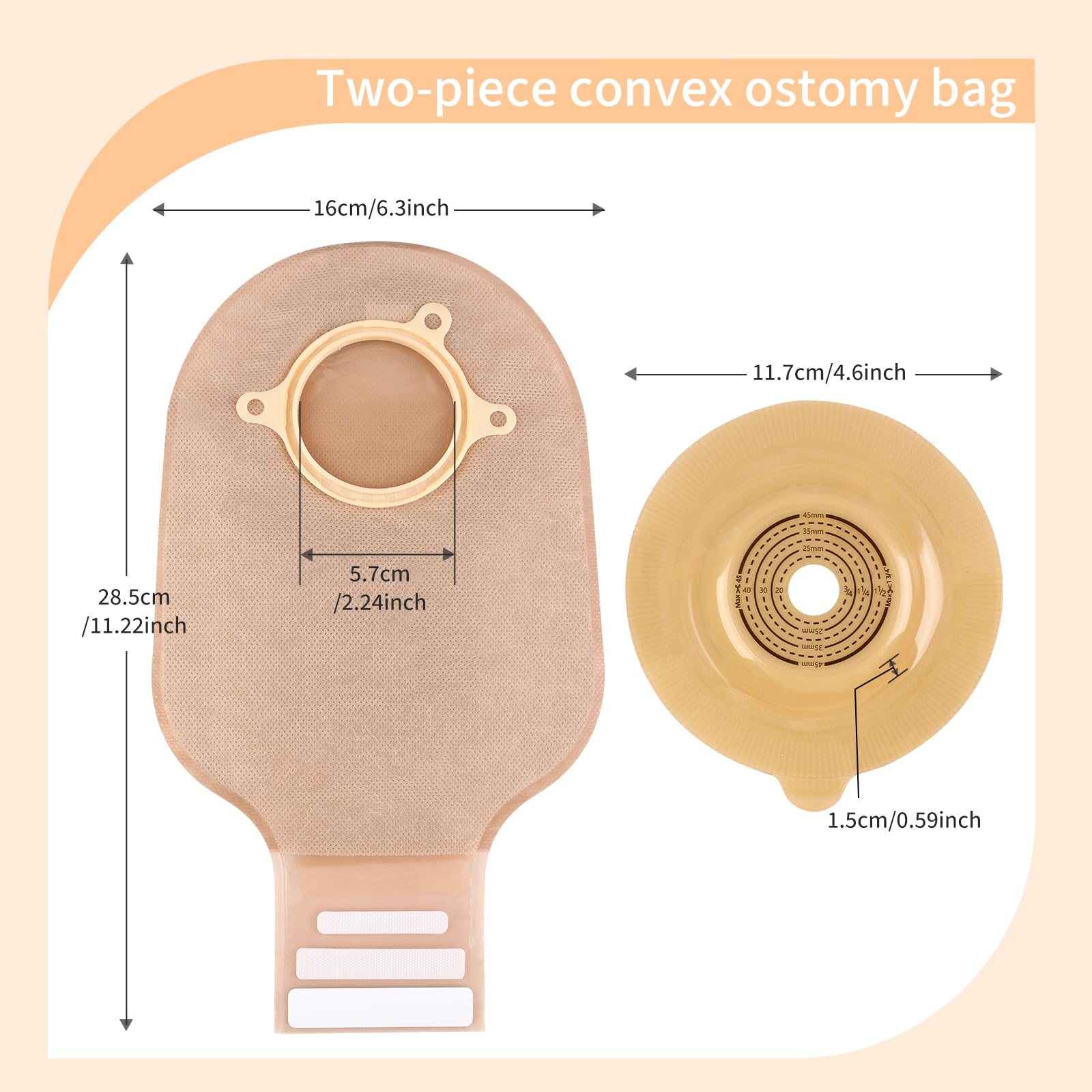 DERAYMI 30 bolsas convexas de dos piezas para ostomía, accesorios para estoma, 15 – 57 mm, bolsas de colostomía para piel de estoma que está presionada y boca abajo (20 bolsas, 10 bandejas convexas