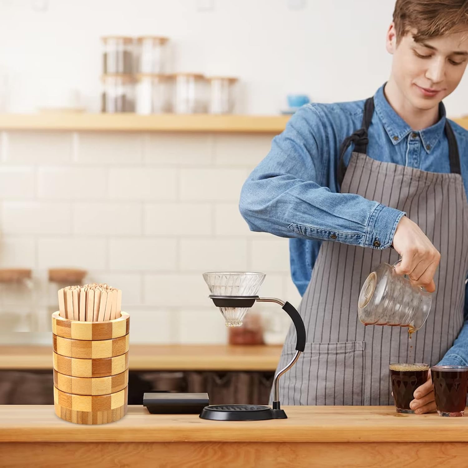 101 Pcs Coffee Stirrers Holder Set 1 Pcs Stirrers Holder 100 Pcs Disposable Stir Straws for Coffee Bar Coffee Stir Sticks For Coffee Milk Cocktail Tea Drinks Stirrer Straw Holder Home Kitchen - Image 7