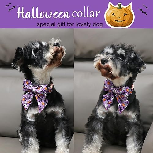 Miniatura 2 de ARING PET Collar de perro de Halloween de algodón con calavera para perro, ajustable, diseño de murciélagos de calabaza morada, lindo collar de