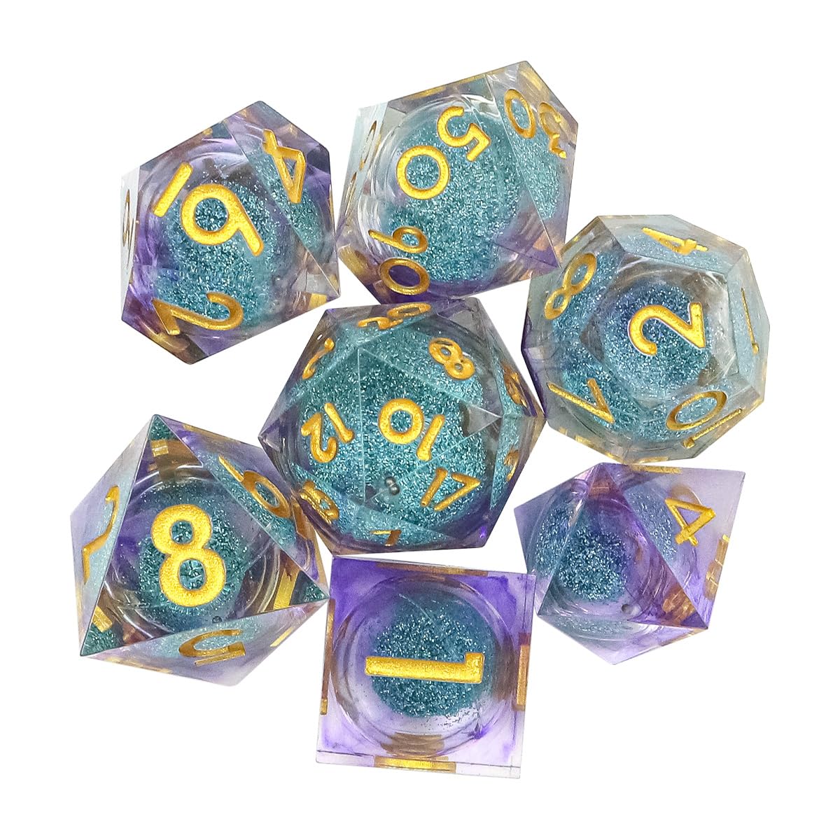Sarini 7-teiliges Würfelset mit Flüssigkern und Kunstharz,scharfe Kanten,polyedrische DND-Würfel für Dungeons and Dragons,RPG,MTG-Tischspiele (Blau/Lila)
