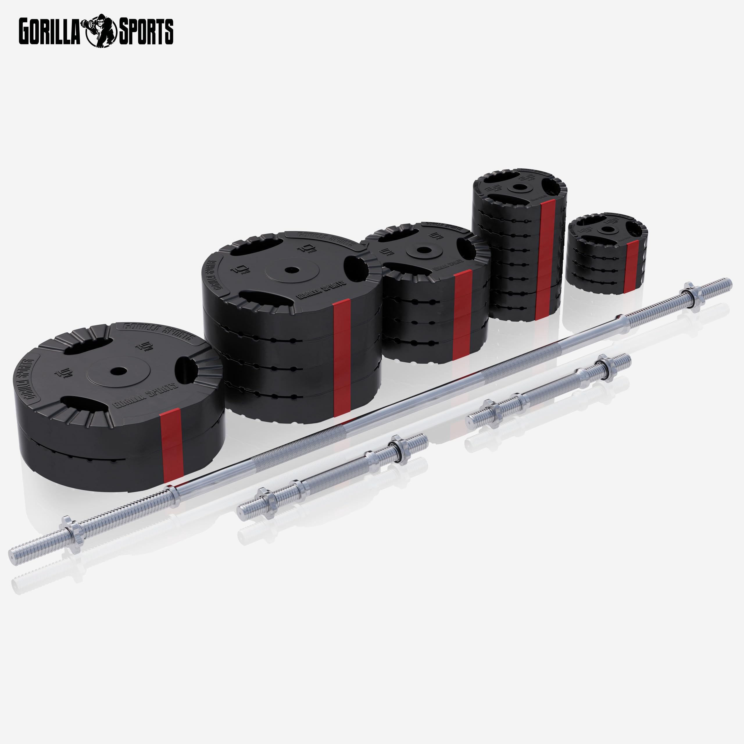 Gorilla Sports® Set Bilanciere e Manubri - 60kg, 100kg o 130kg, Ø 30mm, Barra 170cm, con Chiusure, Antiscivolo, Dischi in Plastica - Pesi Palestra, Piastre di Peso, Allenamento, Sollevamento, Fitness