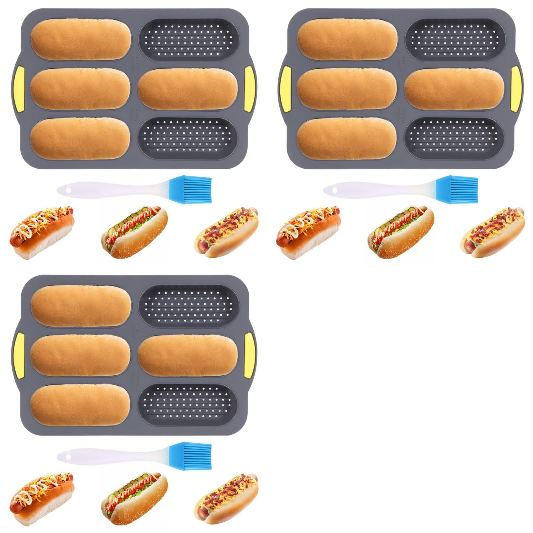 Hndhbfgrt 3X Silicone Pan, Hot Dog Bun Pan with Oil Brush,6 Gutter Nonstick French Bread Bake Mold, French Bread Loaf Pan
