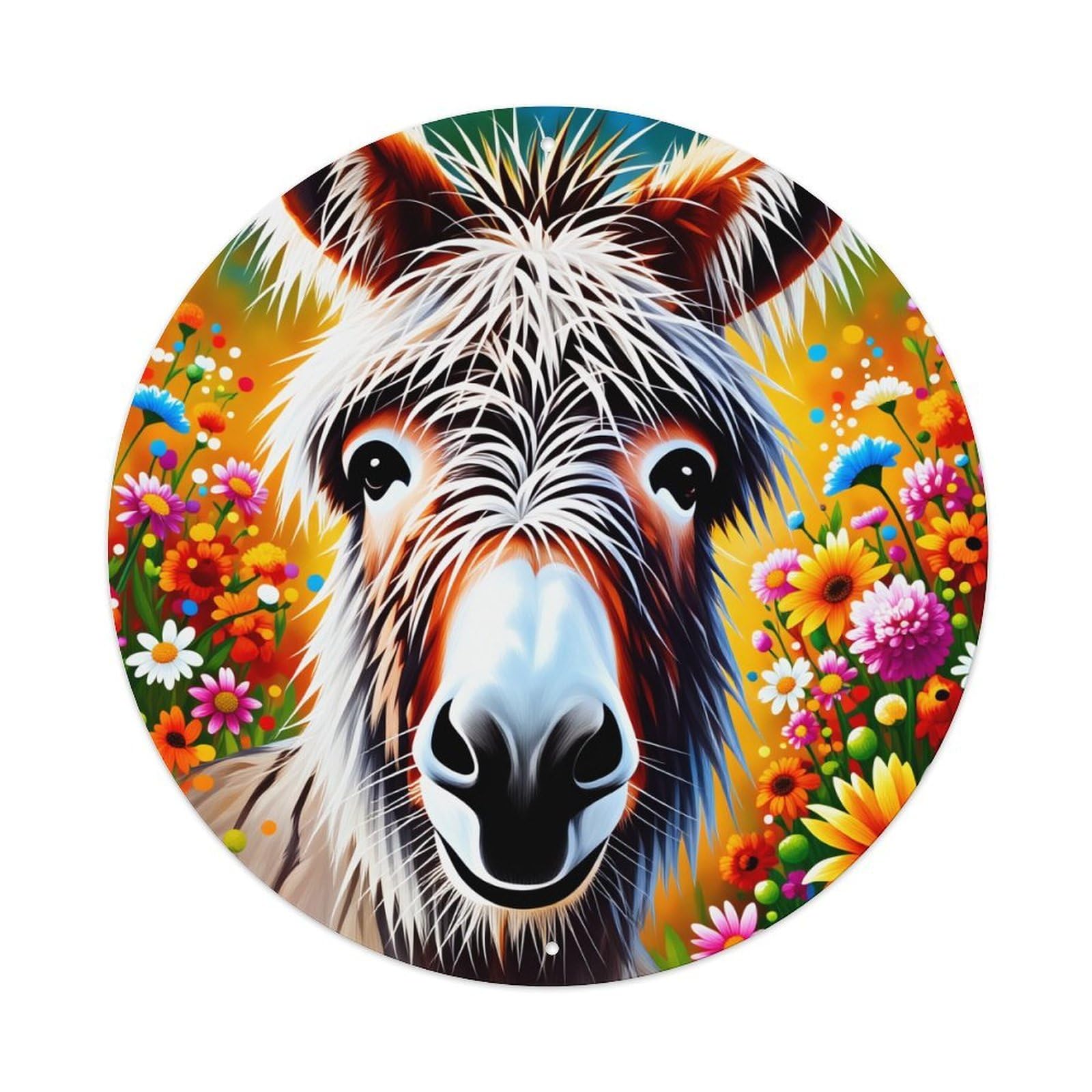 Colorful Floral Donkey Art Print Round Tin Sign Vintage Style Metal Sign Home Bar Garden Wall Plaque Decor Metal Poster 8x8 Inch