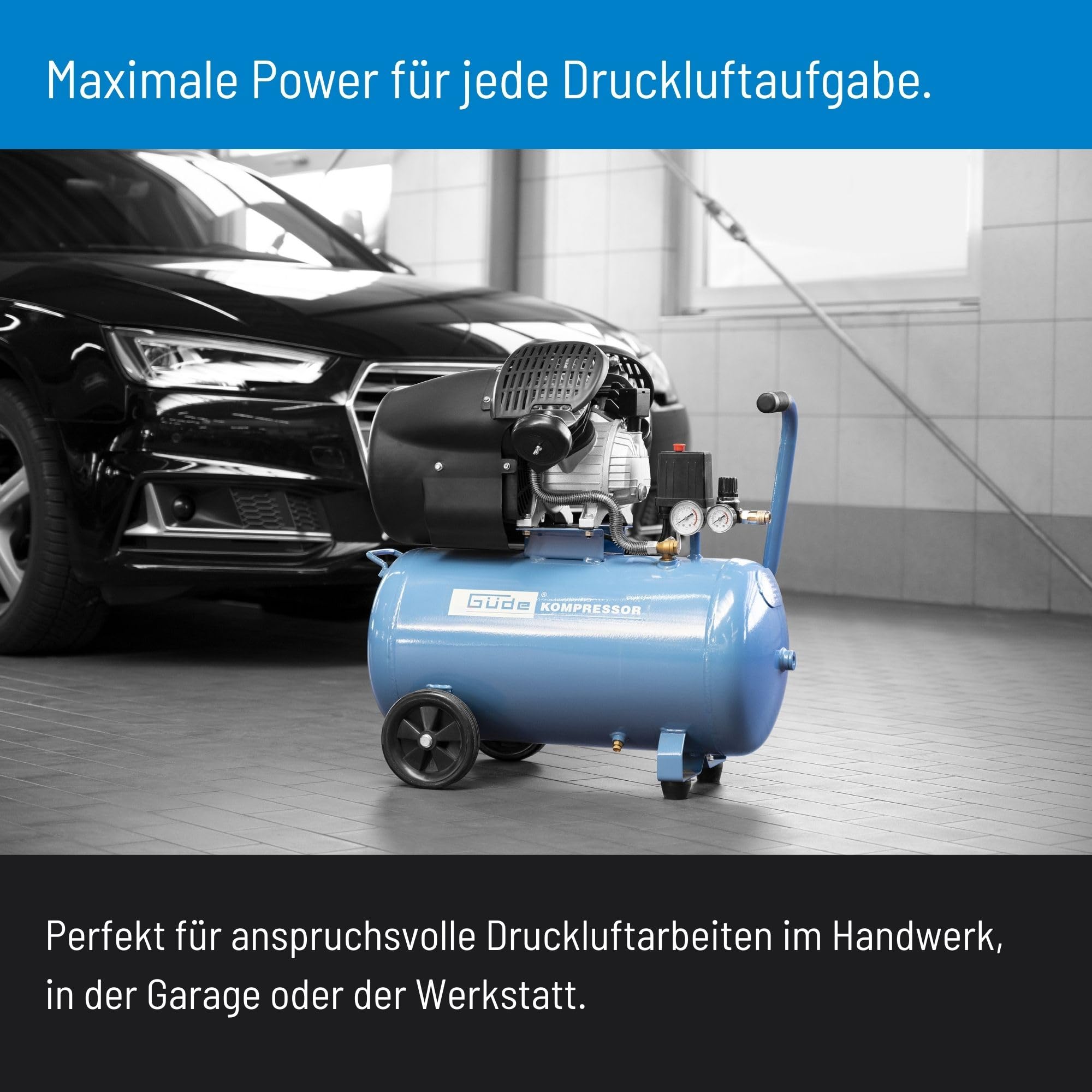 Güde Compressore 405/10/50-230 Volt, caldaia da 50 litri, 2,2 kilowatt, pressione massima 10 bar, eff. quantità di consegna a 0 bar 250 l/min, 2 cilindri V lubrificati a olio, 2 manometri, 2 giunti