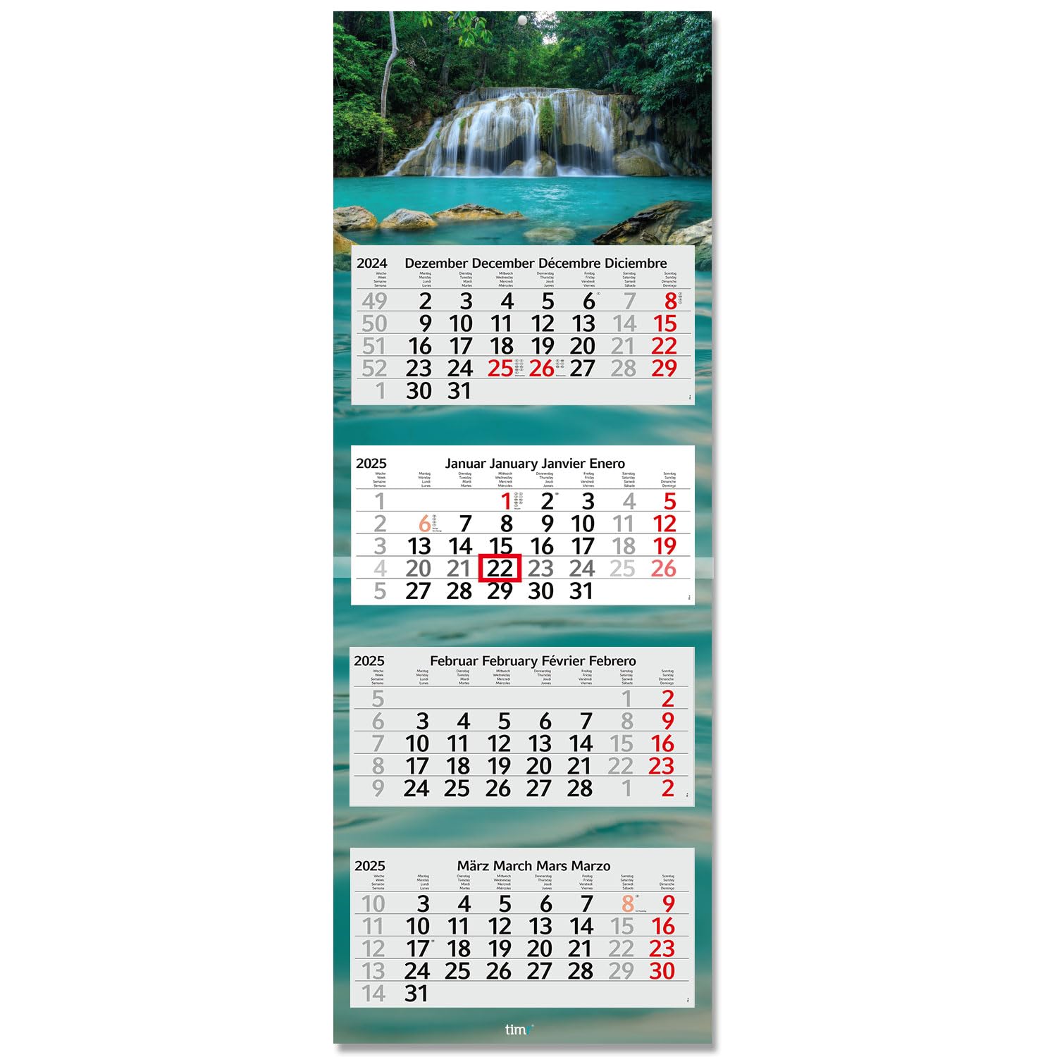timr 4-Month Calendar 2025 Waterfall I Wall Calendar 4 Months I 33 x 90 cm I Multilingual D/GB/F/ES Year Planner with Slider Multi-Sheet Calendar I Jungle Green Nature Forest I tr_246