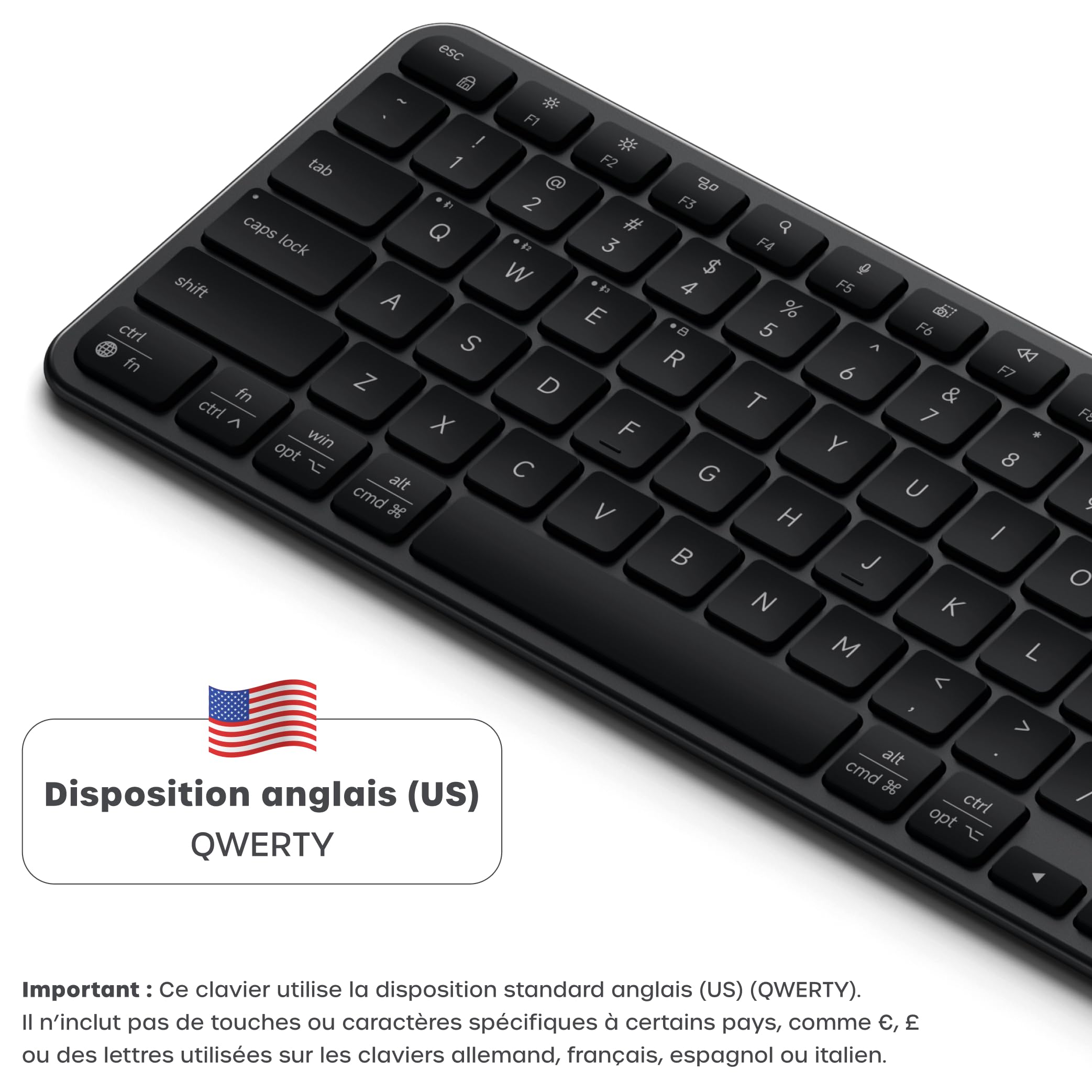 Satechi Clavier sans Fil Slim EX1, Distribution 𝗤𝗪𝗘𝗥𝗧𝗬 𝗨𝗦, Bluetooth Multi-Appareils 4 en 1, Récepteur 2,4 GHz, Rechargeable USB-C pour Mac, Windows et Android – Noir Sidéral