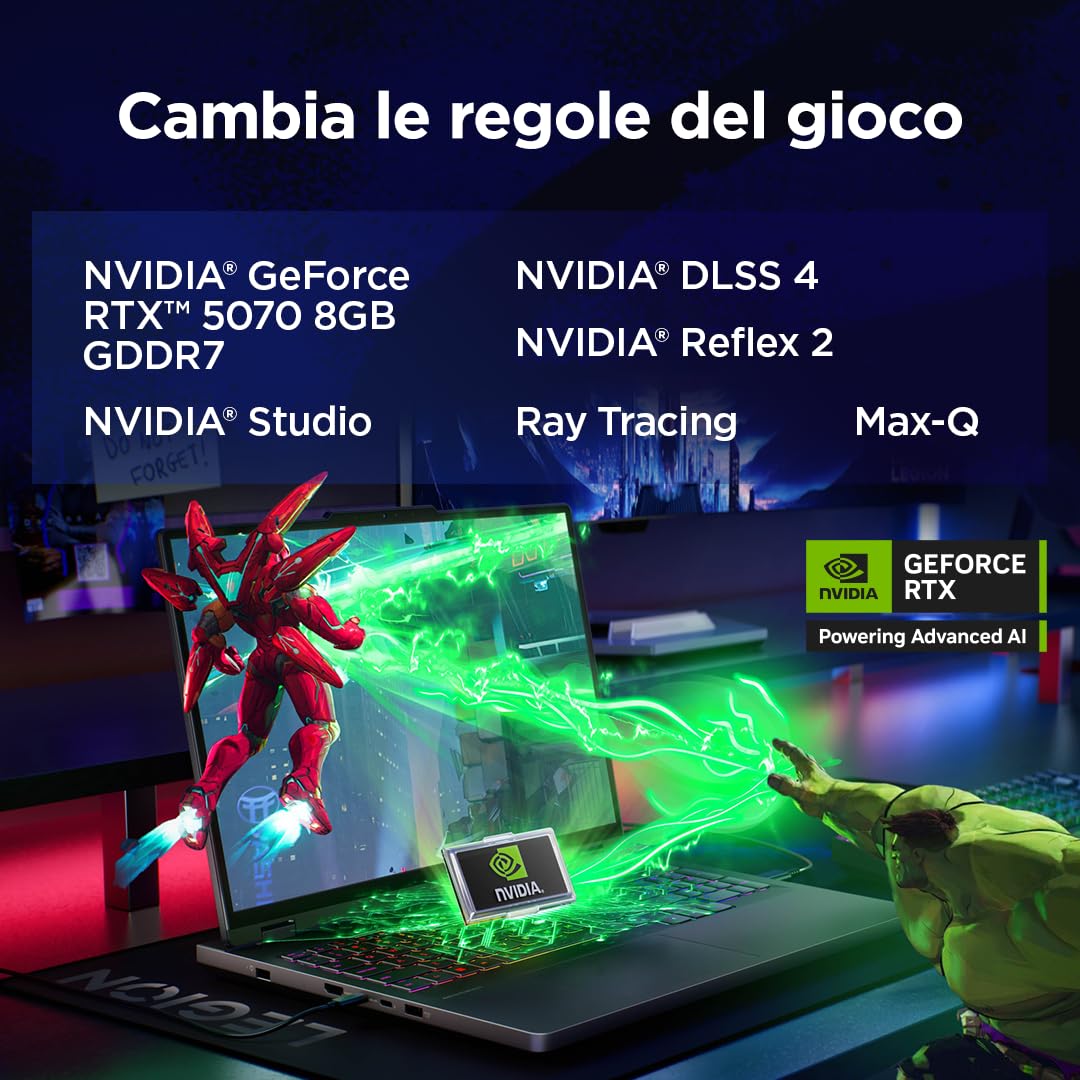 Lenovo Legion 5 Gaming Laptop - Display OLED WQXGA 16" 165Hz, NVIDIA GeForce RTX™ 5070 8GB, Intel Core Ultra 9 275HX, RAM 32GB, SSD 1TB, Windows 11 Home, Tastiera RGB italiana - Eclipse Black