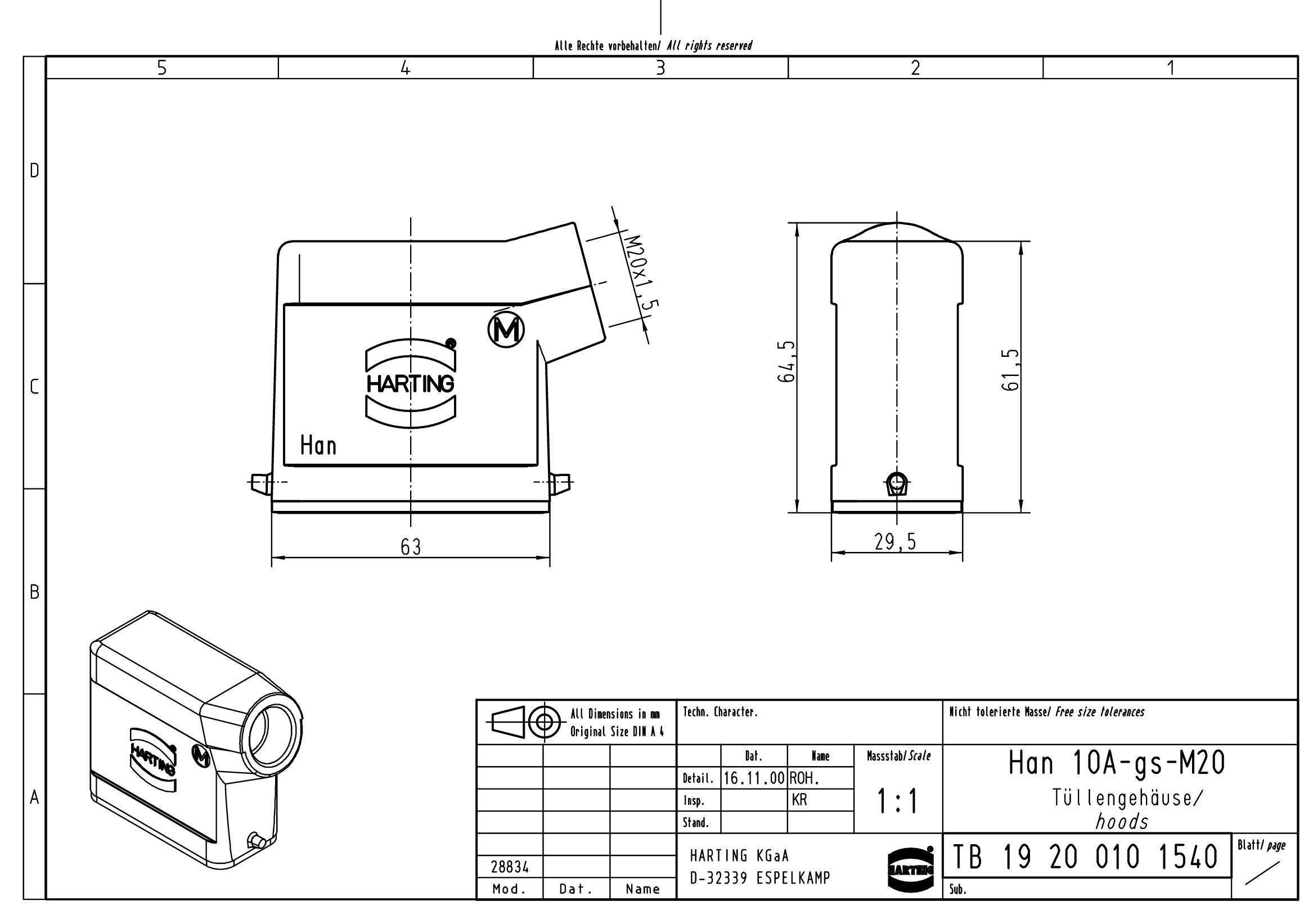 Harting 19200101540 Han 10A Tüllengehäuse, M20 Gewinde, Winkeltülle | Robustes Metallgehäuse für Han A, D und Modular Einsätze, Schutzart IP65, UL-zertifiziert, RoHS-konform für Steckverbinder