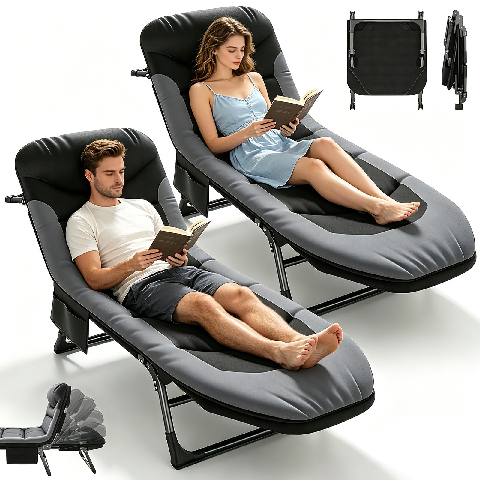 Foldable Sun Lounger, Garden Sun Loungers, 6-way Adjustable Camping Bed, Folding Sunbed with Pillow and Mattress, Fishing Bed Chair Perfect for Camping, Indoor/Outdoor (190 x 65 x 30 cm) (2, Black)