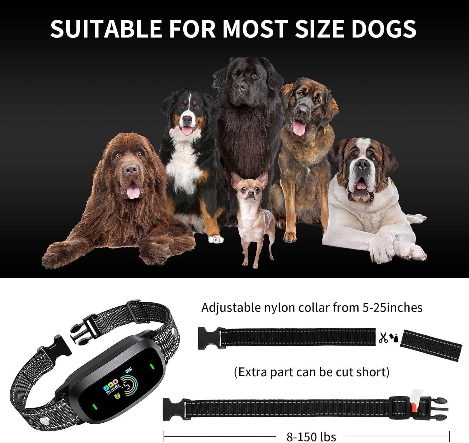 Collare Antiabbaio Ricaricabile Per Cani – IP67, 4 Modalità (Suono/Vibrazione/Intensa) E 5 Livelli Di Sensibilità, Per Cani Piccoli, Medi E Grandi
