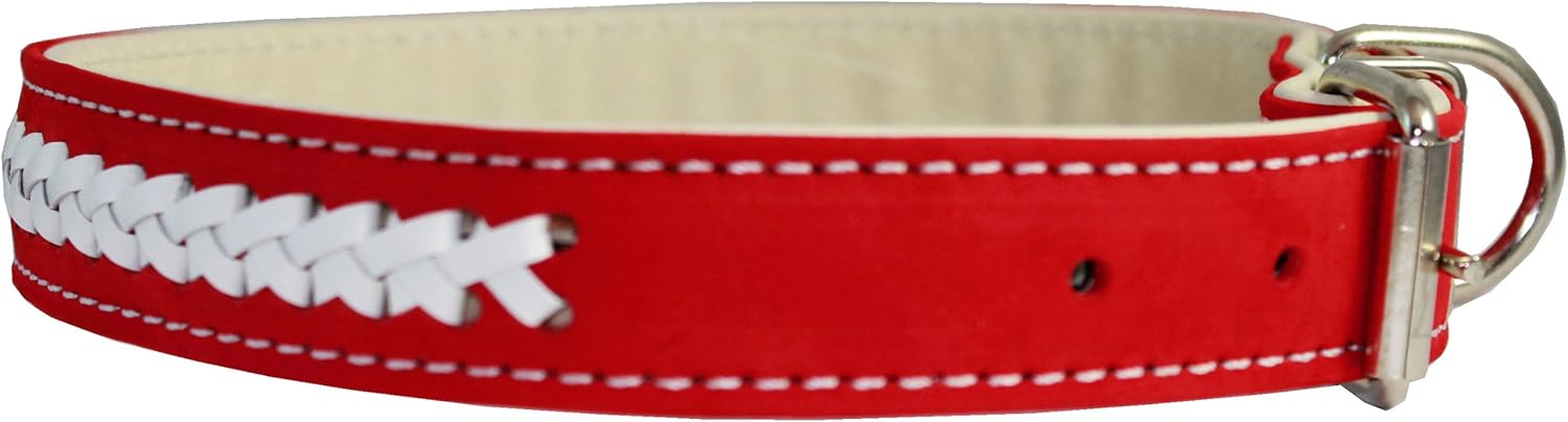 Nubuck Leather Braided Dog Collar, Red 23"x1" Wide. Fits 17"-21" Neck Size, Padded