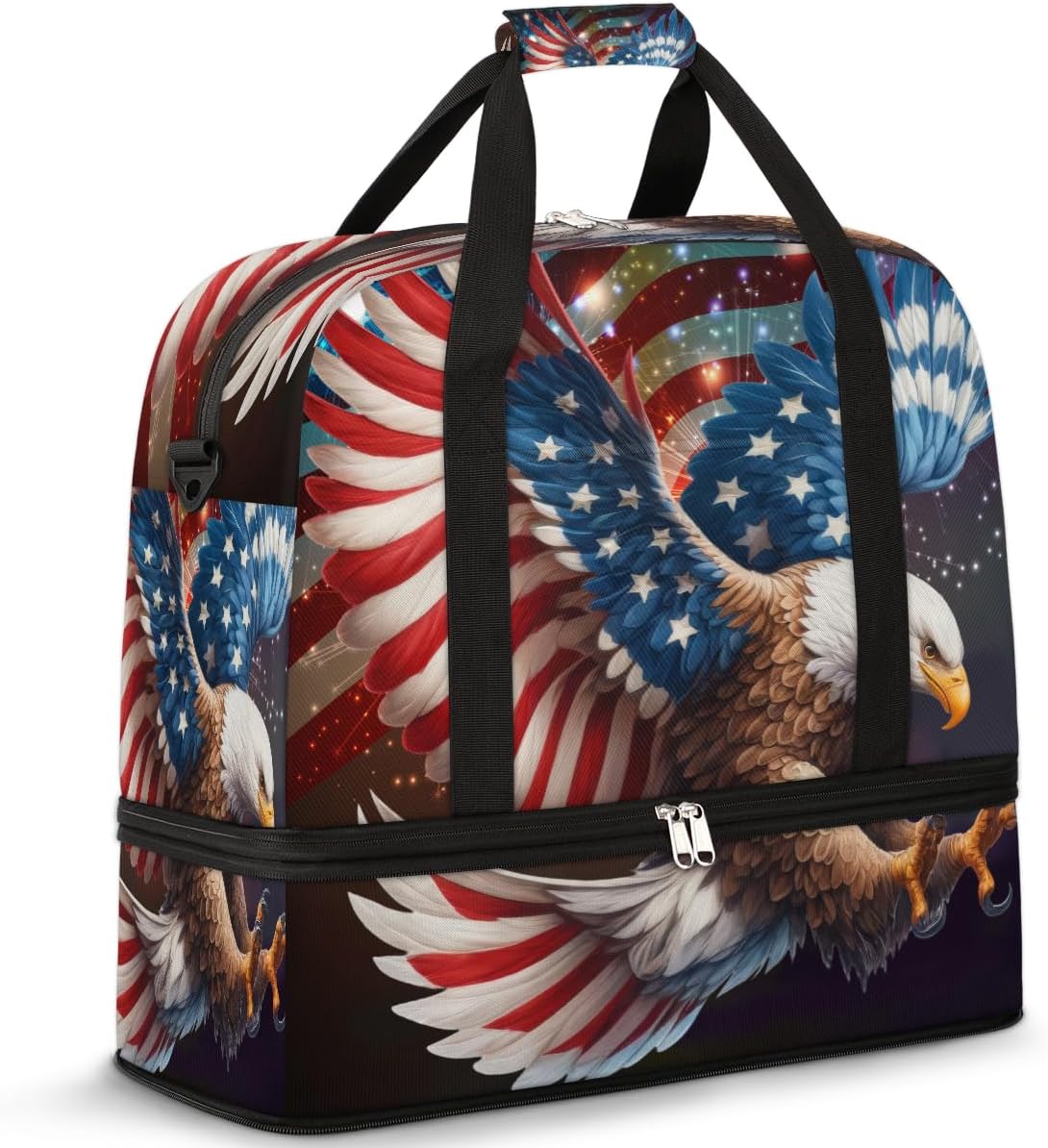 American Flag Independence Day Large Weekender Overnight Bags Travel Duffel Bag for Women Men Gym Bag With Shoe Compartment Foldie Travel Tote Bag Carry On Personal Item Bag for Travel Gym Sports