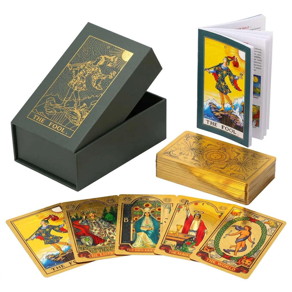 Wriligel 78pcs Luxury Gold Foil Tarot Cards Deck, Waterproof PVC Tarot Deck with Guidebook for Beginners Experienced Readers, Classic 78 Cards Set, Flexible Durable for Pratice Collection Gifting