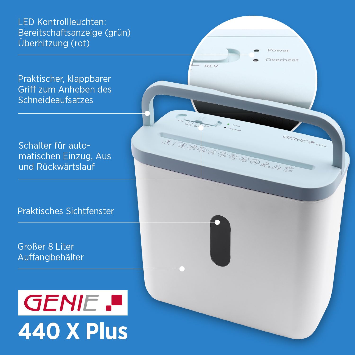 GENIE 440 X Aktenvernichter | Partikelschnitt 4x38 mm | Sicherheitsstufe P-4 | Leise 72 dB | Kompakt & Mobiler Shredder | Automatische Start-/Stopp-Funktion | Überhitzungsschutz Frbe weiß blau