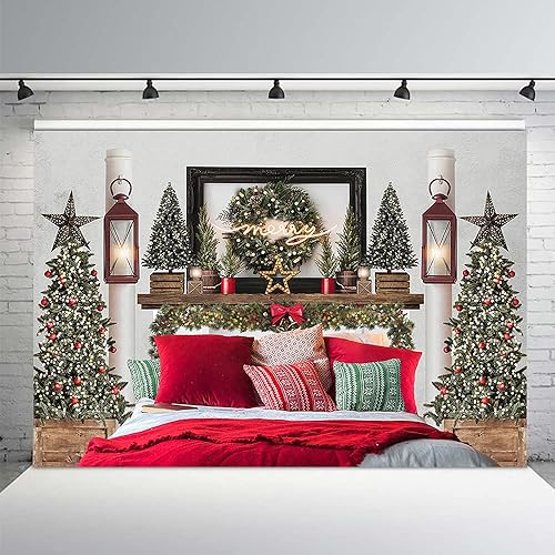 Miniatura 2 de MEHOFOND Cabecera de Navidad roja de 8 x 6 pies, telón de fondo para cama de retrato infantil, fotografía de invierno, vacaciones, imagen familiar,