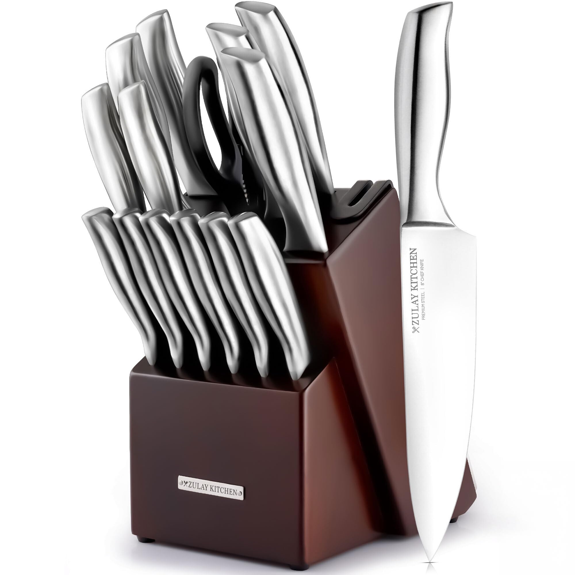 Zulay 15 Piece Stainless Steel Knife Set with Block and Sharpener - Sharp Knife Block Set with Built In Sharpener - Kitchen Knife Set With Block - Rust Proof Knife Set Stainless Steel