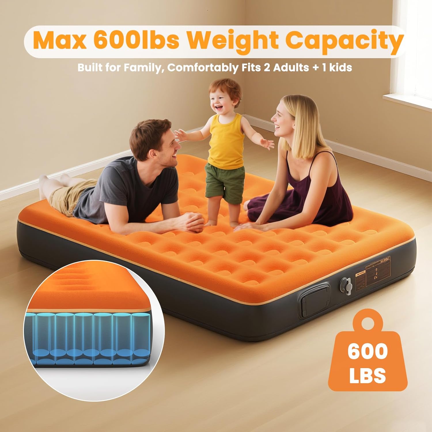 Queen Air Mattress with Built in Pump - USB Rechargeable, 10'' Comfort Blow up Mattress, Surface Portable Mattress, Air Bed for Camping, Home and Guest, 600 lbs Max