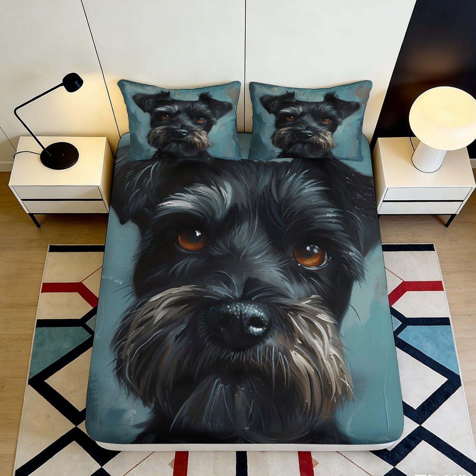3D Printed Black Schnauzer Fitted Sheet Microfiber Soft Anti-Slip Bed Sheet Dog Art Decor for Bedroom Guest Room 90x200x25cm
