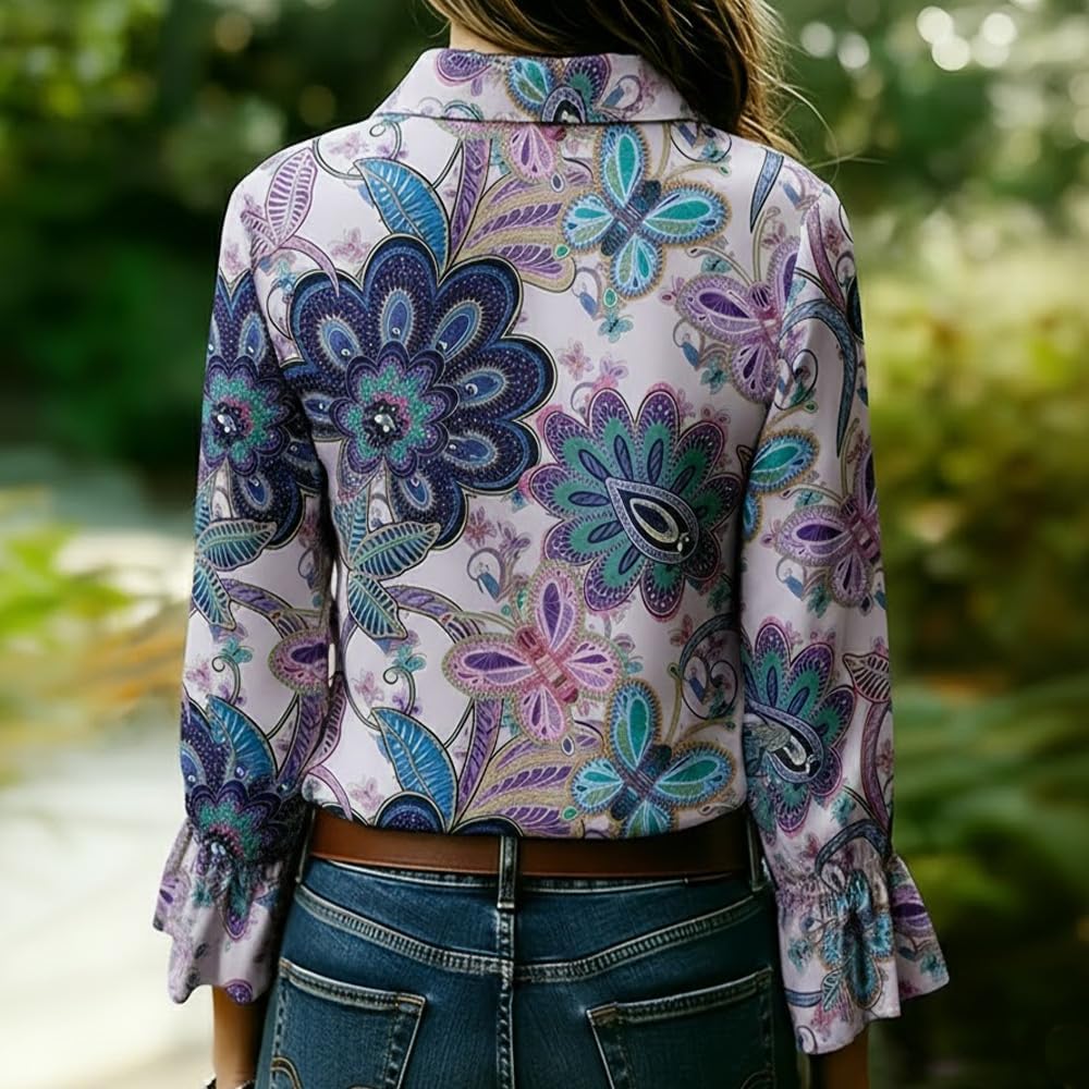 Women's Boho Paisley Blouse Western Floral Print Top Ruffled Cuff Long Sleeve Button-Down Shirt - Image 4