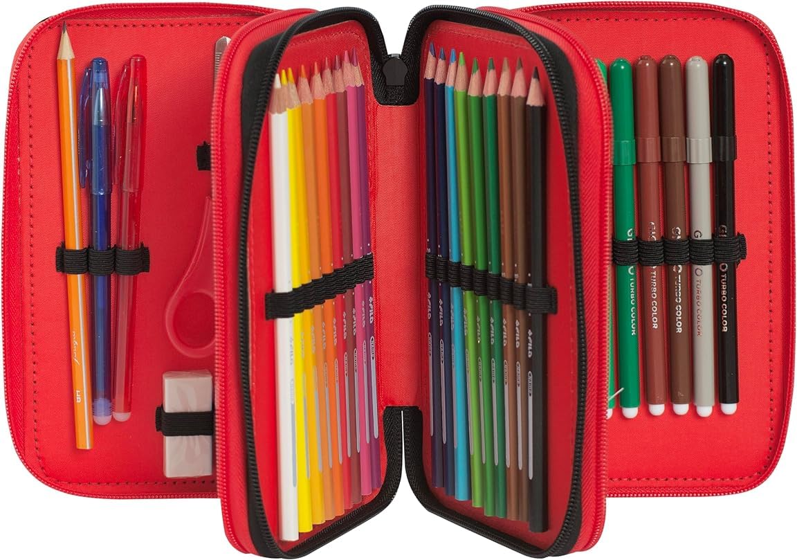 Clondo Trousse Triple Remplie Enfants, pour Super Mario Kart Fans, 45 Accessoires Scolaires, 3 Fermetures Éclair, Compartiments Organisés, Crayons de Couleur, Feutres, Ciseaux
