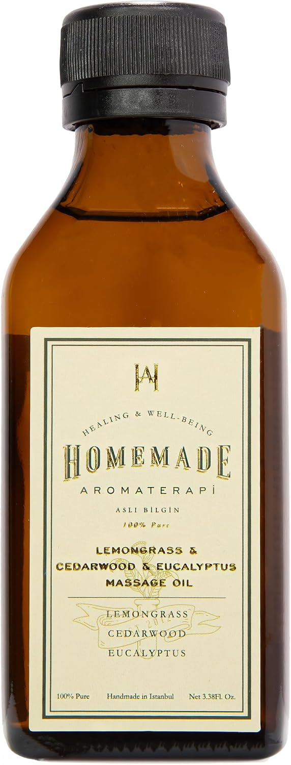HMA | Energizing & Grounding Massage Oil – with Lemongrass, Cedarwood, Eucalyptus & Almond Oil | Daily Aromatherapy & Massage Care | Uplifting Herbal Blend | 3.38 FL Oz