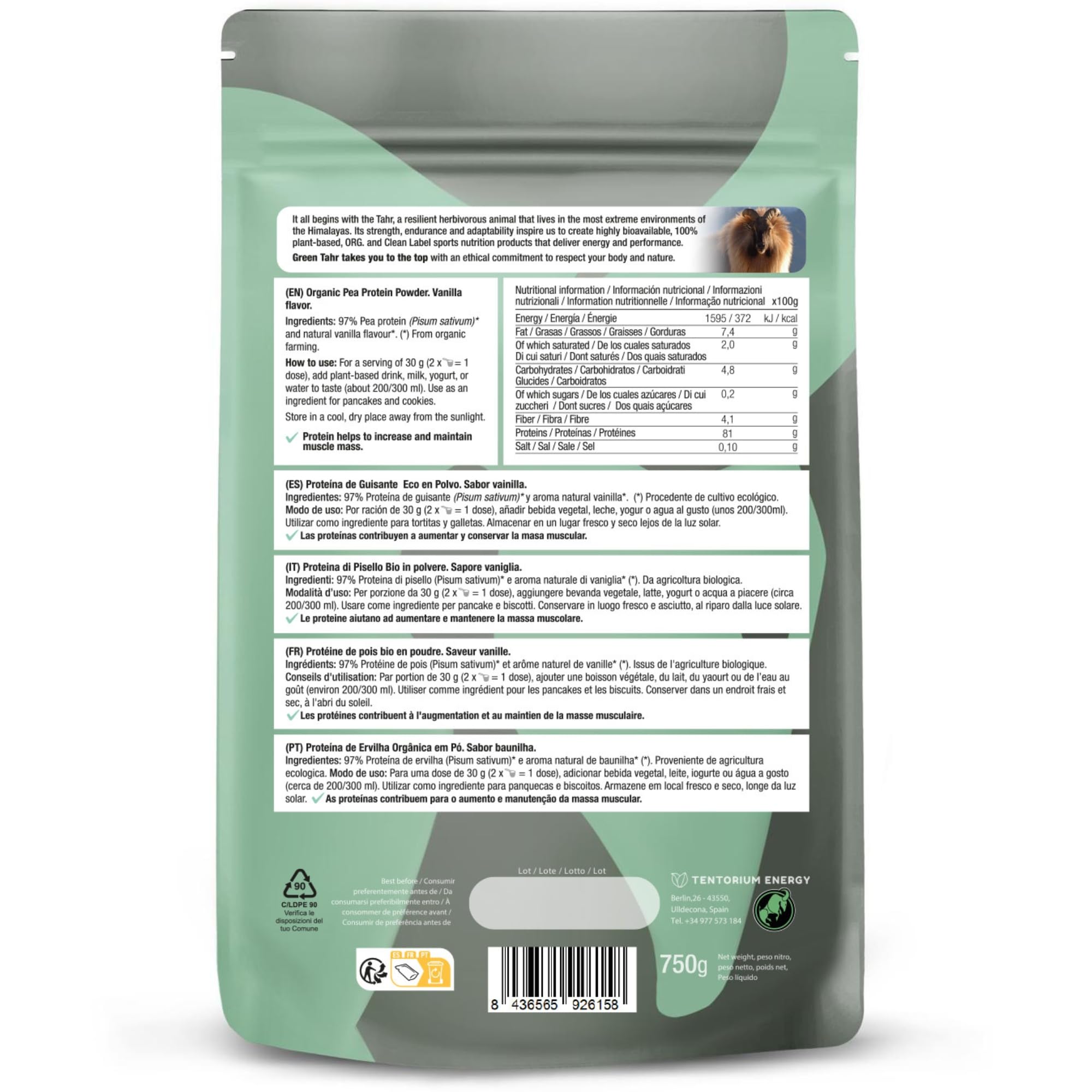Green Tahr Proteine del Pisello in Polvere Bio al Gusto di Vaniglia 750g. 81% Proteine Vegane Vegetali per Aumento Massa Muscolare e Dimagrire. Senza Zucchero Aggiunto, Lattosio né Glutine