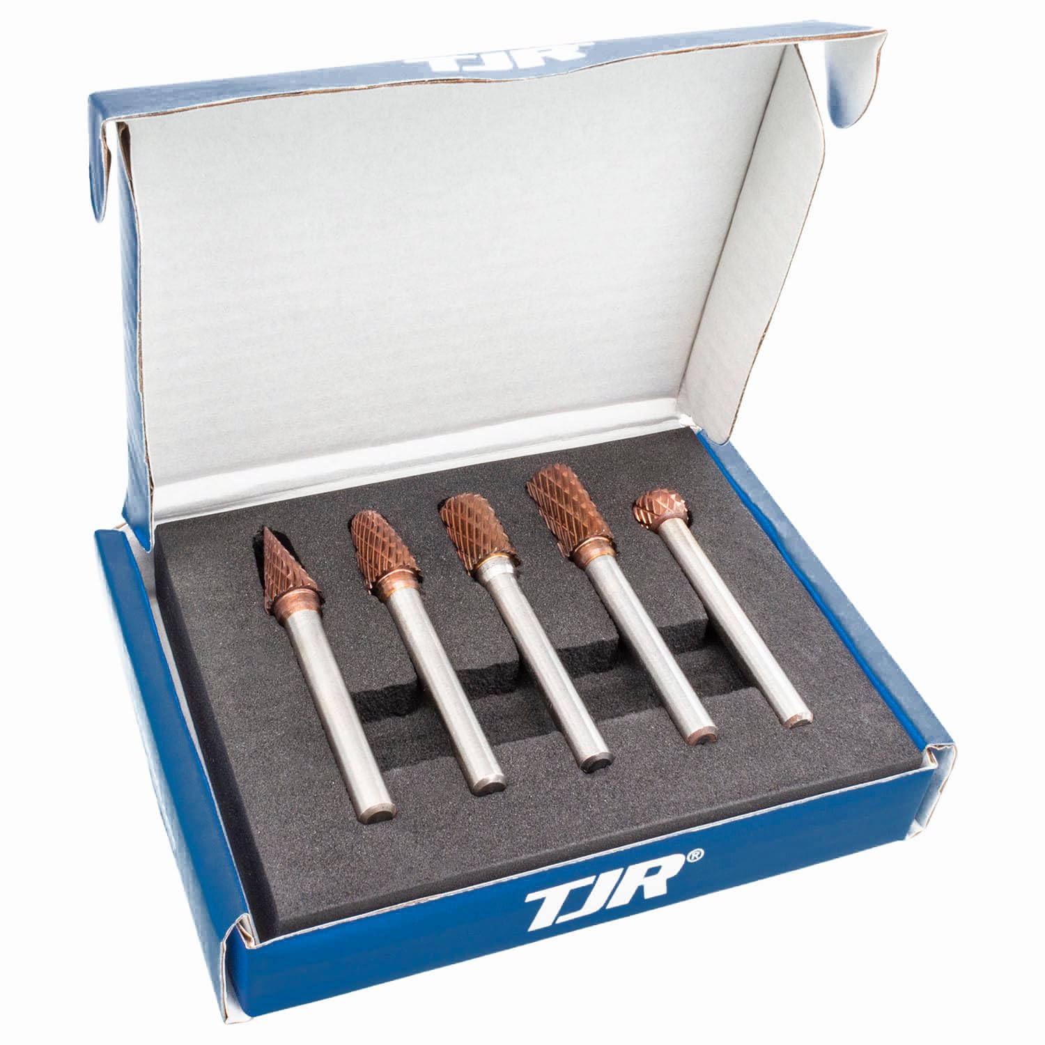 TJR® Lot de 5 fraises rotatives en carbure ULTRA Co de tungstène avec tige de 6,35 mm pour acier inoxydable et matériaux durcis, aluminium, bois, ébavurage, gravure, polissage, double coupe