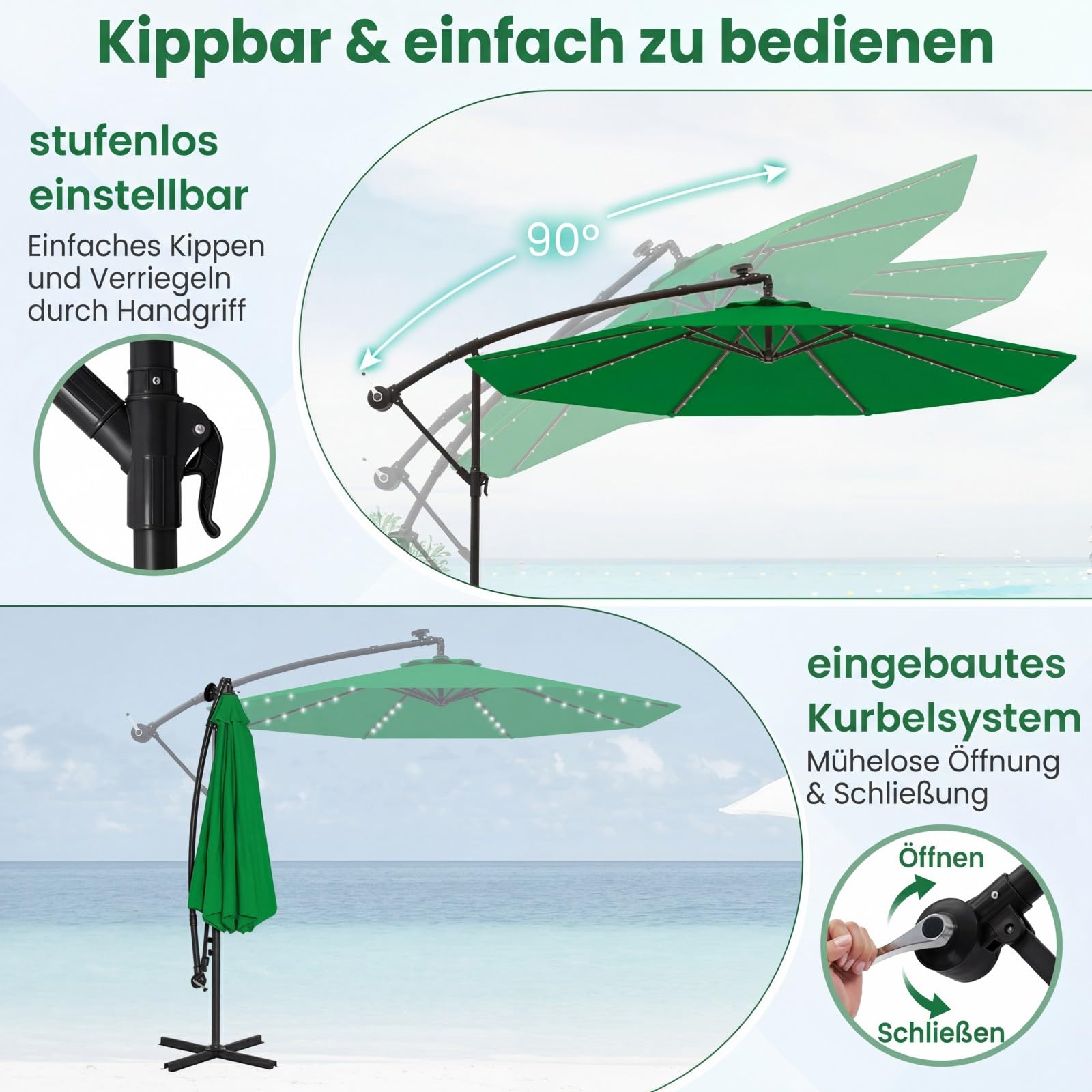 COSTWAY Parasol przeciwsłoneczny 300 cm ze stojakiem i diodami LED, parasol przeciwsłoneczny z korbą, parasol ogrodowy, ochrona przed promieniowaniem UV, parasol na taras, do ogrodu, na basen, taras