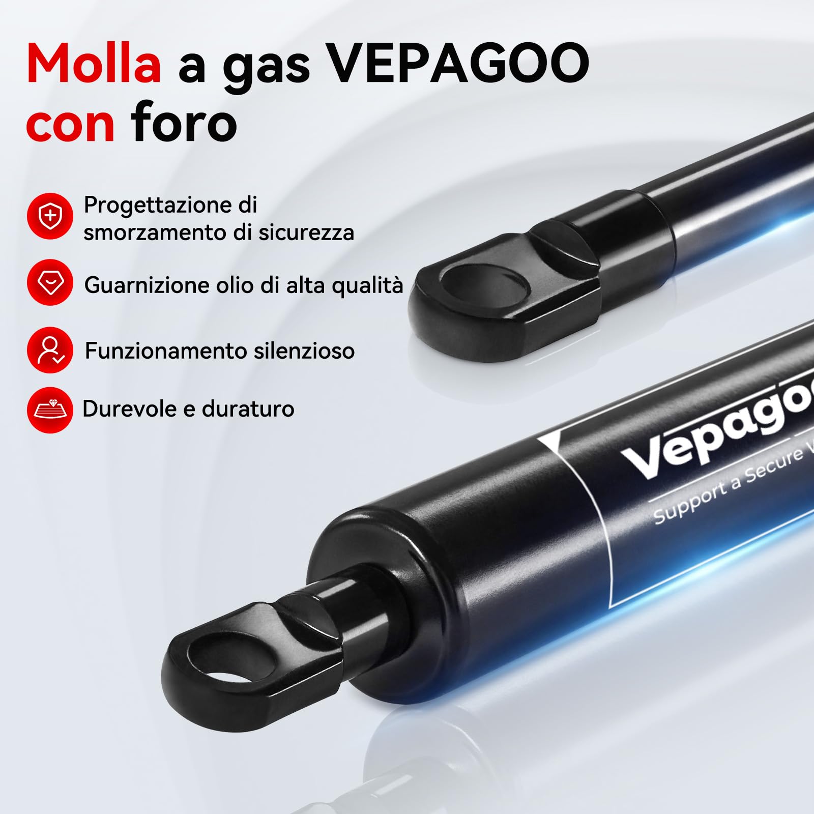 Molla A Gas Vepagoo 500 Mm – 1000 N (100 Kg) Per Porte, Portelli E Letti, Con Attacchi M8