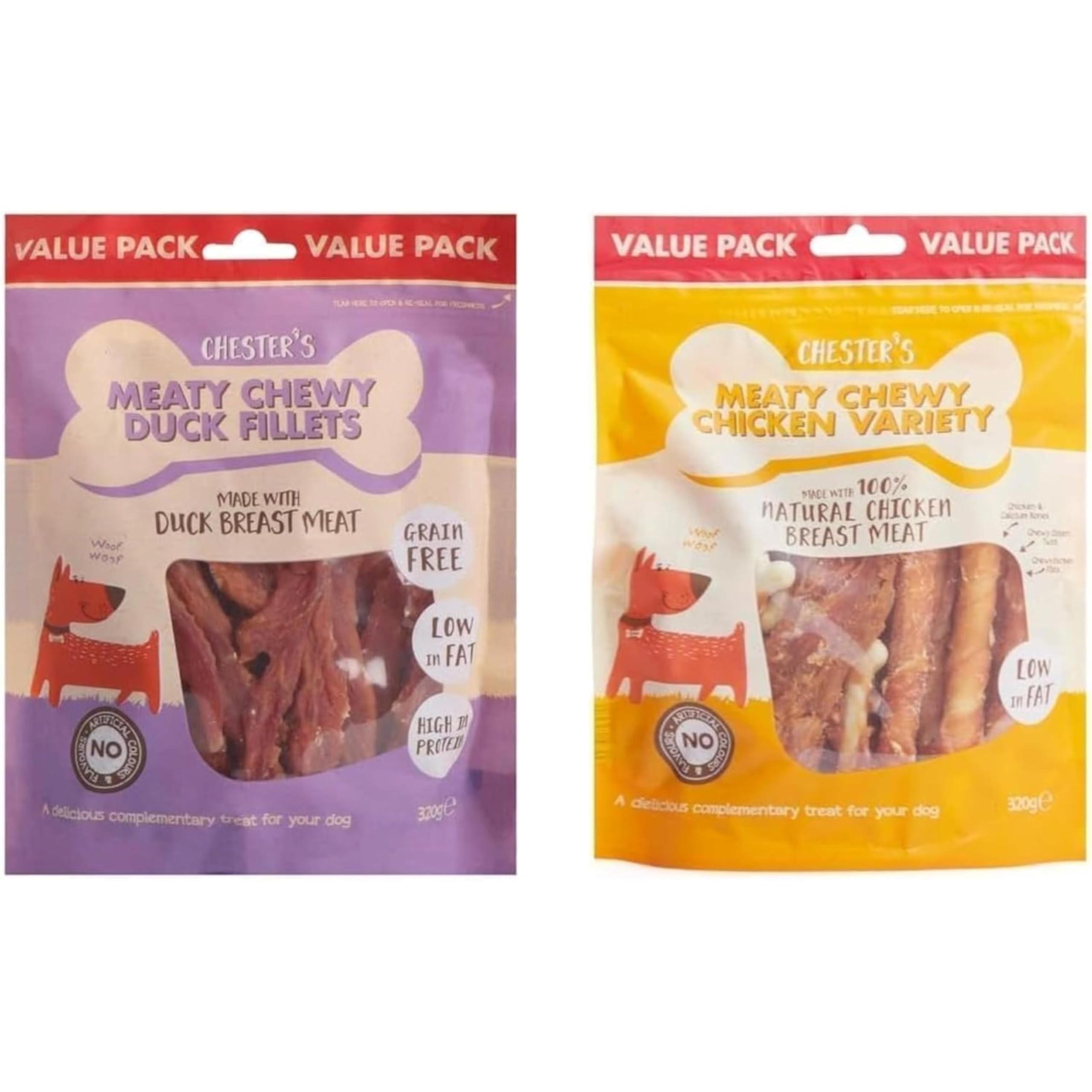 Chester's Meaty Chewy Dog Duck Fillets & Chicken Variety Dog Treats – Chewy, Grain-Free, High Protein & Low Fat – Healthy Snack for Training & Rewards, Pack of 2 x 320g Each