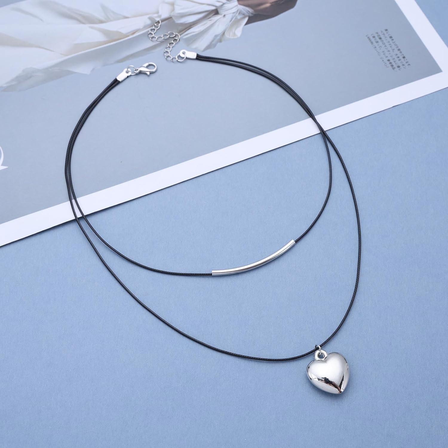 Vintage Layered Black Suede Choker Necklace Puffy Heart Pendant Necklace Silver Bar Choker Necklace Short Black Cord Necklace Boho Suede Choker Necklace for Women - Image 3