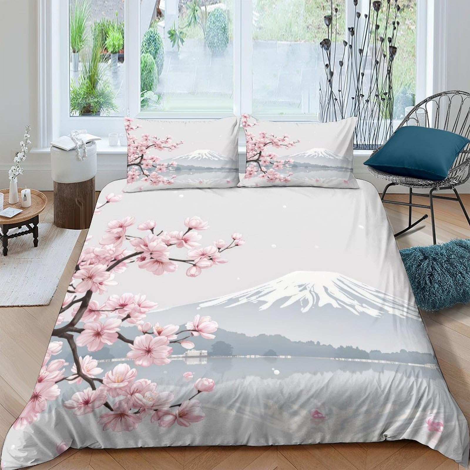 Ctjqhvkz Style-1 3D Printed Cherry Blossom Fitted Sheet Microfiber Soft Mount Fuji Bed Cover For Bedroom Guest Room Decor Single（135X200cm）