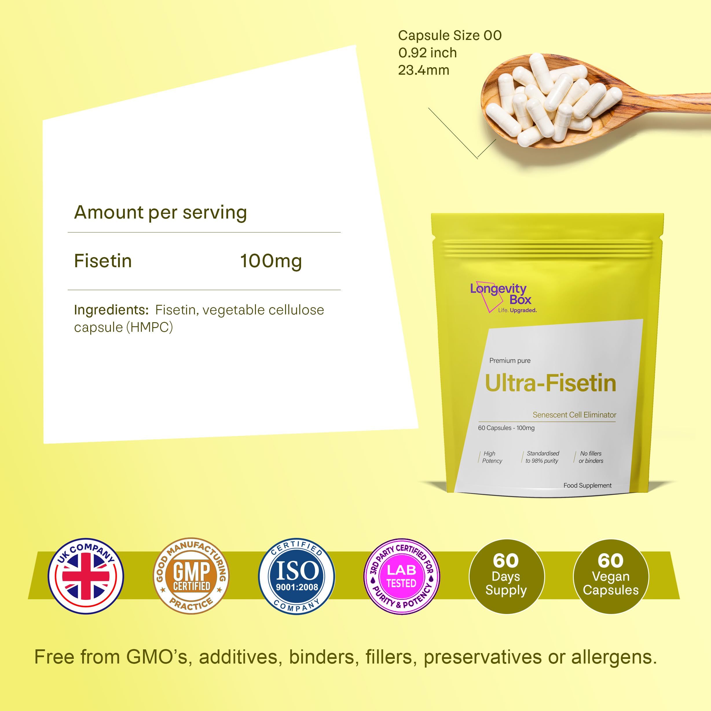 Fisétine 100 mg, 60 gélules, antioxydant 98 % pur, testé par un laboratoire tiers, végan, pour soutien du vieillissement sain, de la longévité et de la santé cellulaire