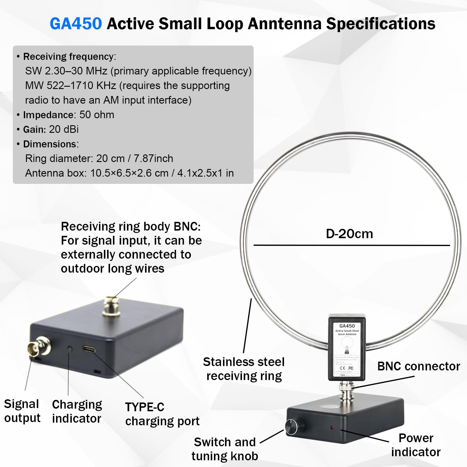 AURSINC Antena de onda corta activa GA450 con cable BNC, SW 2,3 – 30 MHz, MW 522 – 1710 kHz – Antena de recepción RF portátil para radioaficionados