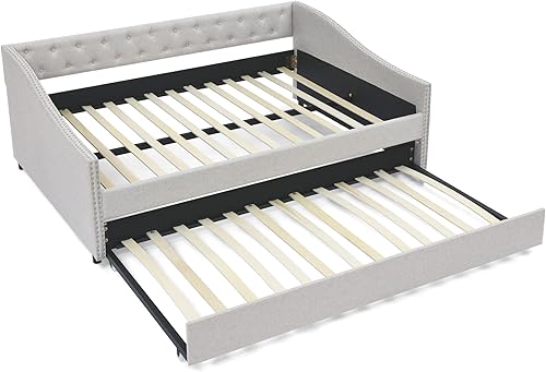Miniatura 6 de LZ LEISURE ZONE Sofá cama tamaño matrimonial con cama nido tamaño individual, sofá cama tapizado capitoné, con botón en la parte trasera y clavos de