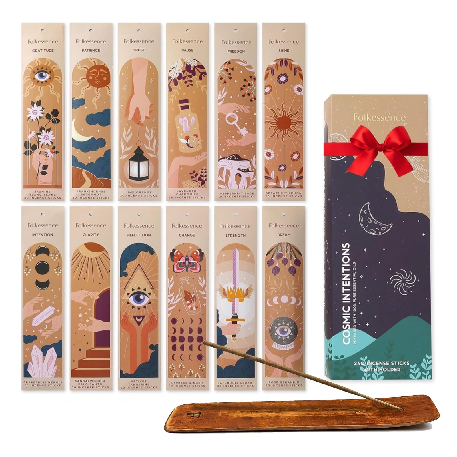Folkulture Cosmic Intentions Incense Sticks Gift Set - Pack Of 12 Insenses (240 Sticks) With Incense Holder - Frankincense Bergamot Jasmine Rose Patchouli Palo Santo Lavender Organic Inscents-Sticks