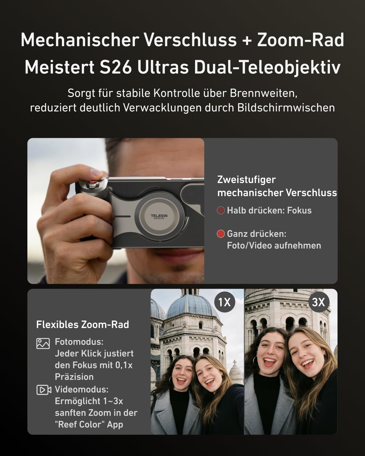 TELESIN Master Grip Kit für Samsung Galaxy S26 Ultra, Magnetisches Hülle & Grip mit 3200mAh Akku, ND16-Filter, 10-facher Blitz mit Vorblitz-Messung & LED, Kabelloses Laden, DSLR-Griff