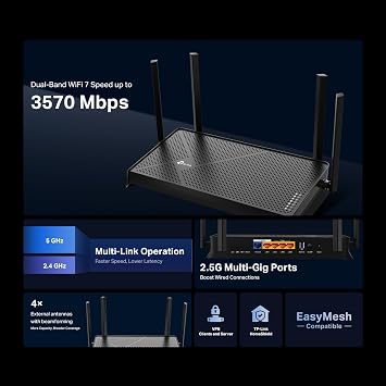 TP-Link Dual-Band BE3600 Wi-Fi 7 Router Archer BE230 | 4-Stream | 22.5G + 31G Ports, USB 3.0, 2.0 GHz Quad Core, 4 Antennas | VPN, EasyMesh, HomeShield, MLO, Private IOT | Free Expert Support