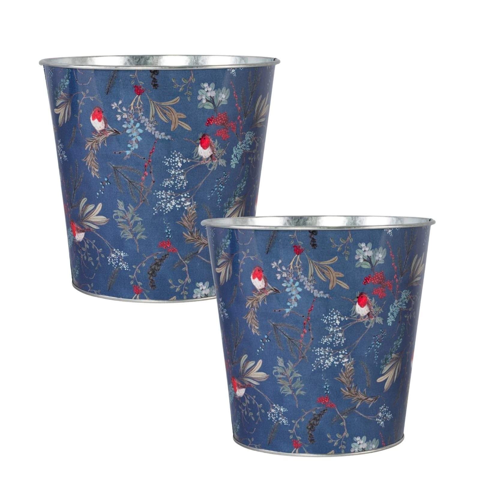 Fyne-Finds Blue 2 Piece Tin Pail Plant Pot Robin Floral Design 16Cm,6Inch Christmas Metal Planter Xmas Bucket Home (Blue 2 Piece)