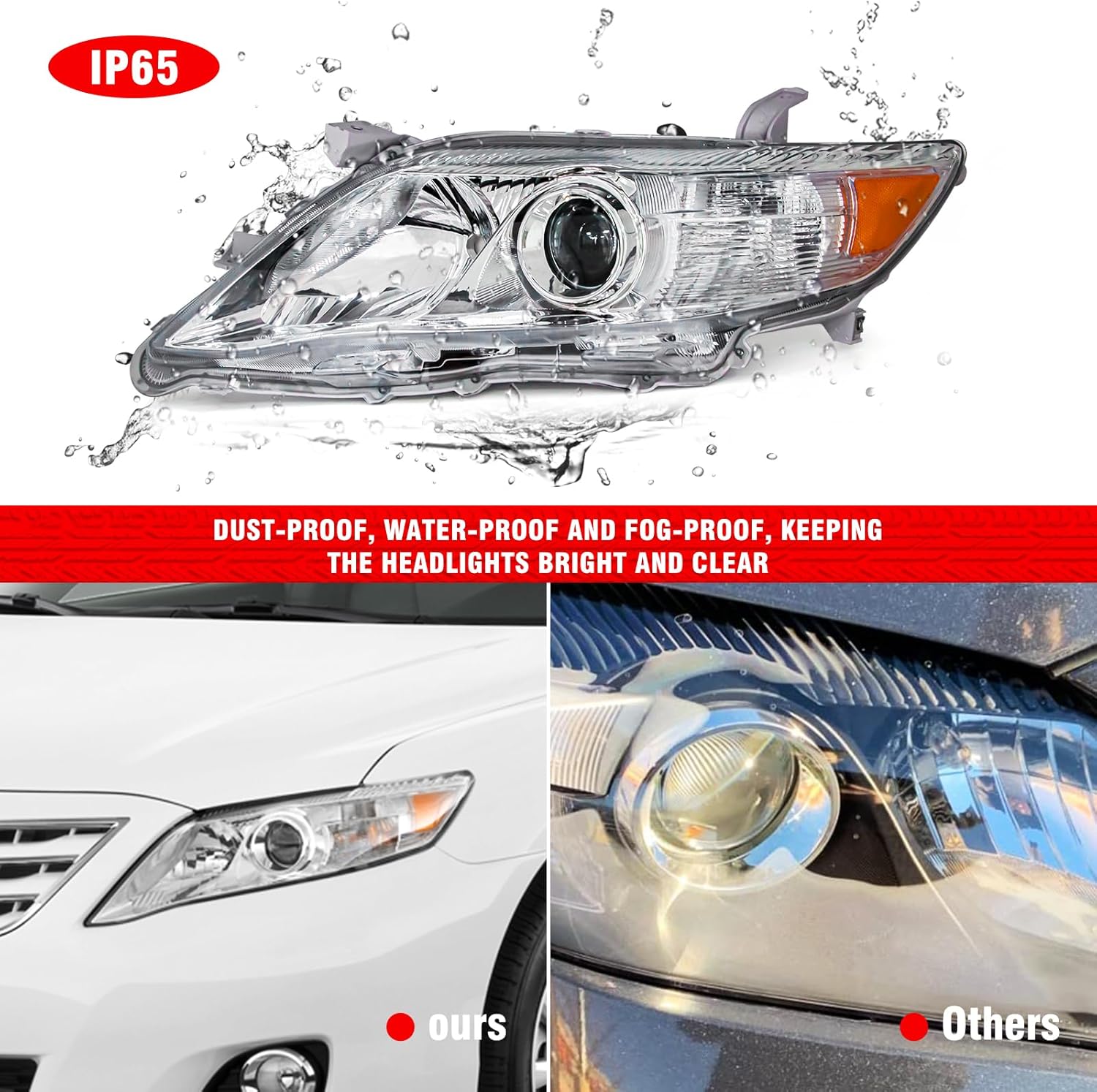 Compatible with 2010 2011 Toyota Camry Headlights Chrome Housing Amber Reflector Clear Lens Driver and Passenger Side（W/O Bulbs）