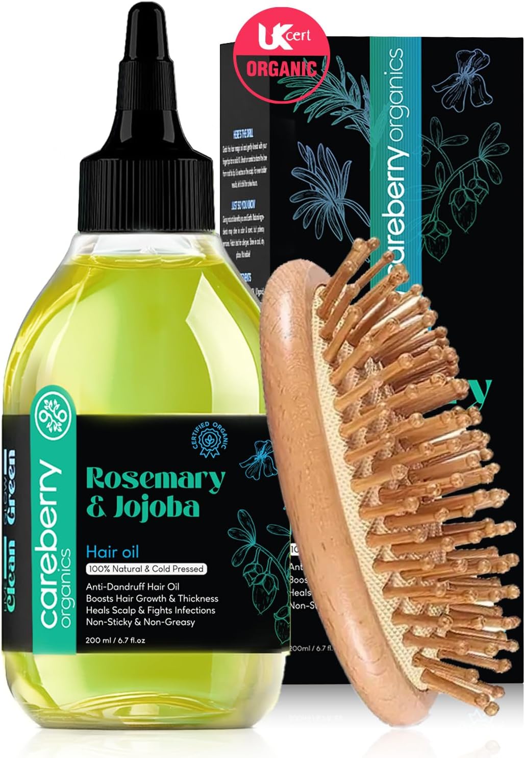 Organic Rosemary & Jojoba Hair Oil with Scalp Massager – 100% Cold-Pressed, UKCert Certified Organic & Ayush Certified Ayurvedic Formula for Hair Growth & Dandruff Control | 200ml