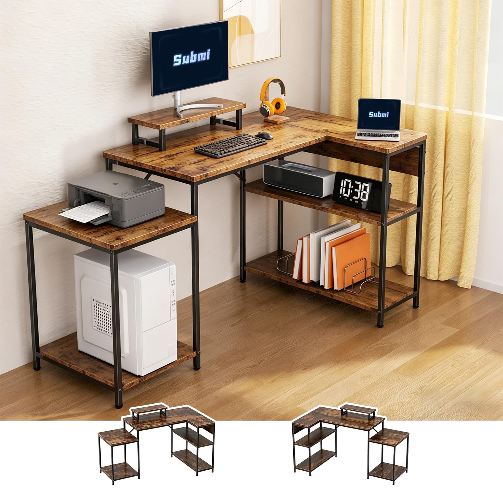 Scrivania ad Angolo Reversibile 152x80cm, Scrivania Ufficio a L con Scaffali Aperti Supporto Monitor, Regolabile in Altezza Scrivania Gaming per Computer, Ufficio, Studio, Marrone